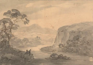 Paisaje montañoso con dos figuras mirando a un lago