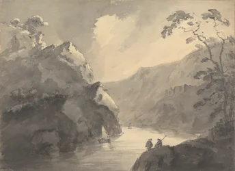 Paisaje montañoso con río serpenteante y castillo