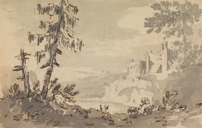 Pinos y castillo en un paisaje