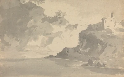Boceto con un castillo en la cima de una montaña