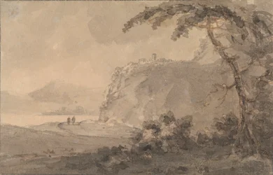 Dos figuras en un camino junto a un lago