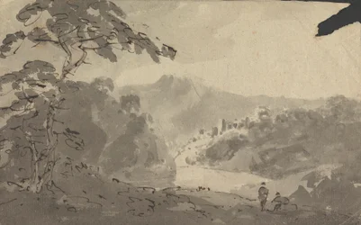 Dos hombres mirando un paisaje con castillo, río y montaña