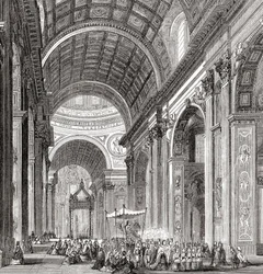 Procesión en el interior de la Basílica de San Pedro, Ciudad del Vaticano, Roma, Italia, a finales del siglo XIX. De Italian Pictures by Rev. Samuel Manning, publicado hacia 1890.