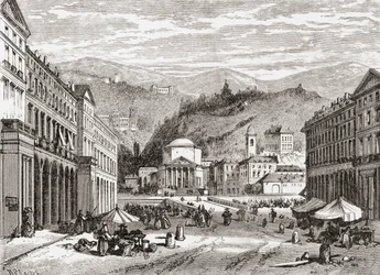 Una calle de Turín, Italia, a finales del siglo XIX. De Italian Pictures by Rev. Samuel Manning, publicado hacia 1890.
