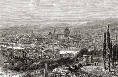 Vista de Florencia, Toscana, Italia, desde la terraza de San Miniato, a finales del siglo XIX. De Italian Pictures by Rev. Samuel Manning, publicado hacia 1890.