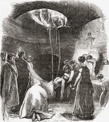 Entierro de un cristiano primitivo en las catacumbas de Roma, Italia. De Italian Pictures by Rev. Samuel Manning, publicado hacia 1890.