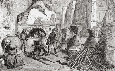 Horno de pan, molinos de pan y harina descubiertos en las excavaciones de Pompeya, Nápoles, Italia, a finales del siglo XIX. De Italian Pictures by Rev. Samuel Manning, publicado hacia 1890.
