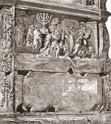 Bajorrelieve del panel sur "El botín de guerra", que muestra la procesión triunfal, en el Arco de Tito, Vía Sacra, Foro Romano, Roma, Italia. De Italian Pictures by Rev. Samuel Manning, publicado hacia 1890.