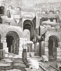 Interior del Coliseo, Roma, Italia, desde las excavaciones de 1874. De Italian Pictures by Rev. Samuel Manning, publicado hacia 1890.