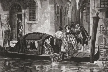 Pasajeros bajando de una góndola en el Gran Canal, Venecia, Italia, a finales del siglo XIX. De Italian Pictures by Rev. Samuel Manning, publicado hacia 1890.