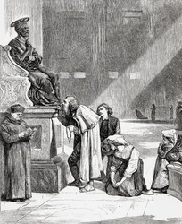 Personas besando los pies de la estatua de San Pedro en el interior de la Basílica de San Pedro, Ciudad del Vaticano, Roma, a finales del siglo XIX. De Italian Pictures by Rev. Samuel Manning, publicado hacia 1890.