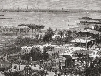 Jardines públicos y rada de Livorno, alias Leghorn,Toscana, Italia a finales del siglo XIX. De Italian Pictures by Rev. Samuel Manning, publicado hacia 1890.