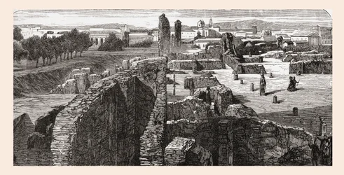 Restos de La Bibliotheca en el Palacio de los Césares, Colina Palatina, Roma, Italia a finales del siglo XIX. De Italian Pictures by Rev. Samuel Manning, publicado hacia 1890.