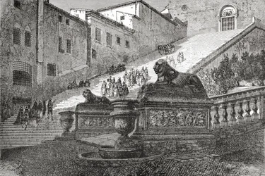 Escalera de acceso a la Basílica de Santa María del Altar del Cielo, Roma, Italia, finales del siglo XIX. De Italian Pictures by Rev. Samuel Manning, publicado hacia 1890.