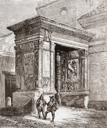 El Arcus Argentariorum, en el muro occidental de la iglesia de San Giorgio al Velabro, Roma, Italia, a finales del siglo XIX. De Italian Pictures by Rev. Samuel Manning, publicado hacia 1890.