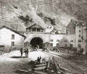 El túnel ferroviario de Fréjus, también llamado túnel de Mont Cenis, en los Alpes europeos, desde el lado italiano a finales del siglo XIX. De Italian Pictures by Rev. Samuel Manning, publicado hacia 1890.
