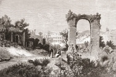 El Palatino desde la colina del Aventino, Roma, Italia a finales del siglo XIX. De Italian Pictures by Rev. Samuel Manning, publicado hacia 1890.