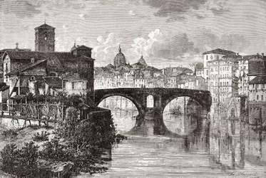 El Pons Fabricius, o Ponte dei Quattro Capi, y la Isla Tiberina, Roma, Italia a finales del siglo XIX. De Italian Pictures by Rev. Samuel Manning, publicado hacia 1890.
