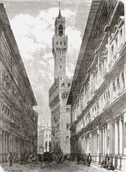 Los Uffizi, el Palazzo Vecchio y estatuas en la Piazza della Signoria, Florencia, Italia, a finales del siglo XIX. De Italian Pictures by Rev. Samuel Manning, publicado hacia 1890.