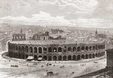 La Arena de Verona, Piazza Bra, Verona, Italia a finales del siglo XIX. De Italian Pictures by Rev. Samuel Manning, publicado hacia 1890.