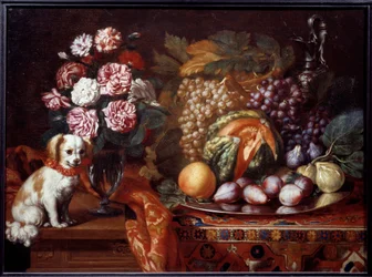 Bodegón con spaniel enano. Pintura de Renaud Levieux dit Reynaud Le Vieux (v.1625-1690)