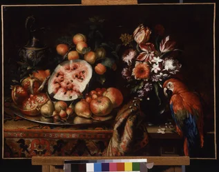Bodegón con loro rojo (y fruta). (óleo sobre lienzo)