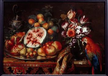 Bodegón con loro rojo y fruta Fruta de la pasión, pera, melocotón y albaricoques. Pintura de Reynaud Levieux Reynaud (hacia 1625-1690) Siglo XVII Marsella, Museo de Bellas Artes