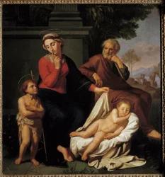 La Sagrada Familia. La Virgen María se pone un dedo delante de la boca para pedir a San Juan Bautista que no despierte a Jesús dormido. San José observa la escena. Pintura de Reynaud Levieux (ca. 1625-1690)