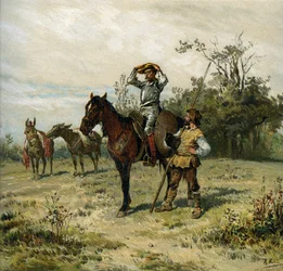 Don Quijote monta a Rossinante, lleva su yelmo, Sancho Panza lleva su lanza