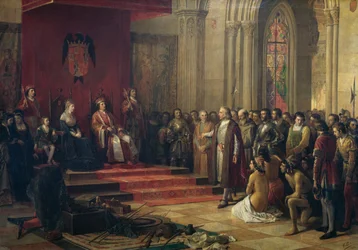 Cristóbal Colón recibido por los Reyes Católicos en Barcelona al regreso de su primer viaje a América, pintura de 1874 de Ricardo Balaca (1844-1880), óleo sobre lienzo
