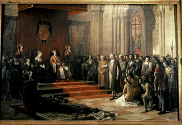 Colón con los Reyes Católicos (Isabel y Fernando) de...