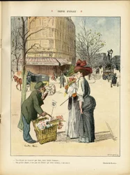 Ilustración de Ricardo Flores (1878-1918) en Le Rire, 25/04/08 - Triple extracto - Arquitectura Urbanismo, Moda, Sombrero, Transporte, Flores, Tiendas