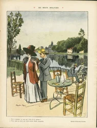 Ilustración de Ricardo Flores (1878-1918) en Le Rire, 04/07/08 - Hermosos Domingos - Ocio, Vegetación Natural, Arquitectura Urbanismo, Restaurantes Cafés, Marítimo Marino Costero