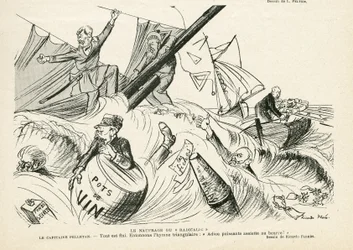 Ilustración de Ricardo Flores (1878-1918) en Le Rire, 25/05/12 - El naufragio del radicalismo - Radicalismo, Marítimo Marina Costera, Fumar, Yate, Tabaco - Combes Emile (1835-1921), Andre Louis (1838-1913), Pelletan Camille (1846-1915) - Parodia gráfica