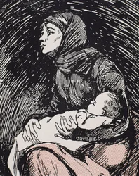 Nochebuena. 1900. Una mujer delgada con su hijo en brazos (grabado)