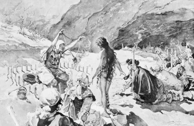 Un poseído es exorcizado en el Valle de Rosé. Dibujo de R. Pellegrini.