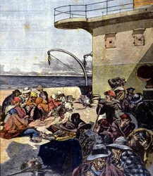 Emigración italiana a Canadá; el viaje a bordo del Lake Megantic se realizó en condiciones bastante difíciles. Ilustración de R. Pellegrini. La Domenica del corriere. 02/06/1901