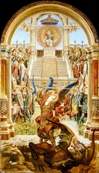 San Miguel matando al dragón (acuarela y oro sobre papel)