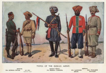 Soldados del ejército indio (litografía a color)