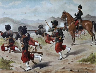 El 20º de Infantería Nativa de Bombay disparando en el campo, Ejército Anglo-Indio de la década de 1880