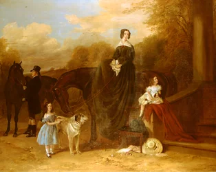 Una familia con sus cazadores y perros fuera de una mansión, 1841