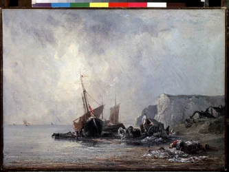 ""Barcos en la costa de Normandía"" (Barcos en la costa de Normandía) Pintura de Richard Parkes Bonington (1802-1828) 1823-1824 Dim. 33x46 cm San Petersburgo, Museo del Hermitage