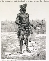 Azandeh (Nyam-Nyam) Binsa o curandero, grabado por Jahrmargt, de 