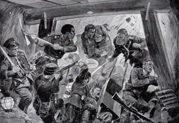 La guerra ruso-japonesa: una lucha cuerpo a cuerpo en los terraplenes de Port Arthur, ilustración de «La historia de la nación»