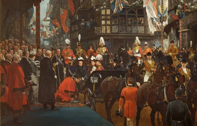La Reina Victoria nombrando caballero a Herbert Ashman, Esq., Primer Alcalde de Bristol, en la Casa del Consejo, 12 de noviembre