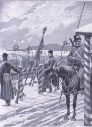 Una estación cosaca en Manchuria con signos tribales sobre las cabañas de los hombres, ilustración de Cassells History of the Russo-Japanese War Vol 1, c.1900