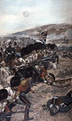 Una fila de guardias de Coldstream con bayonetas caladas avanzando bajo el fuego hacia el enemigo, batalla del Alma, guerra de Crimea (1854-56), 1896