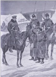 Arresto de espías japoneses descubiertos como coolies, ilustración de la Historia de la Guerra Ruso-Japonesa de Cassell Vol 1, c.1900
