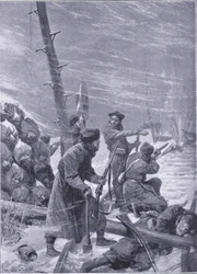 Ataque al ferrocarril por Chunchuses, ilustración de la Historia de la Guerra Ruso-Japonesa de Cassell Vol 1, c.1900