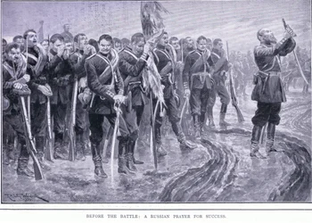 Antes de la batalla: Una oración rusa por el éxito, ilustración de Cassells History of the Russo-Japanese War Vol 1, c.1900